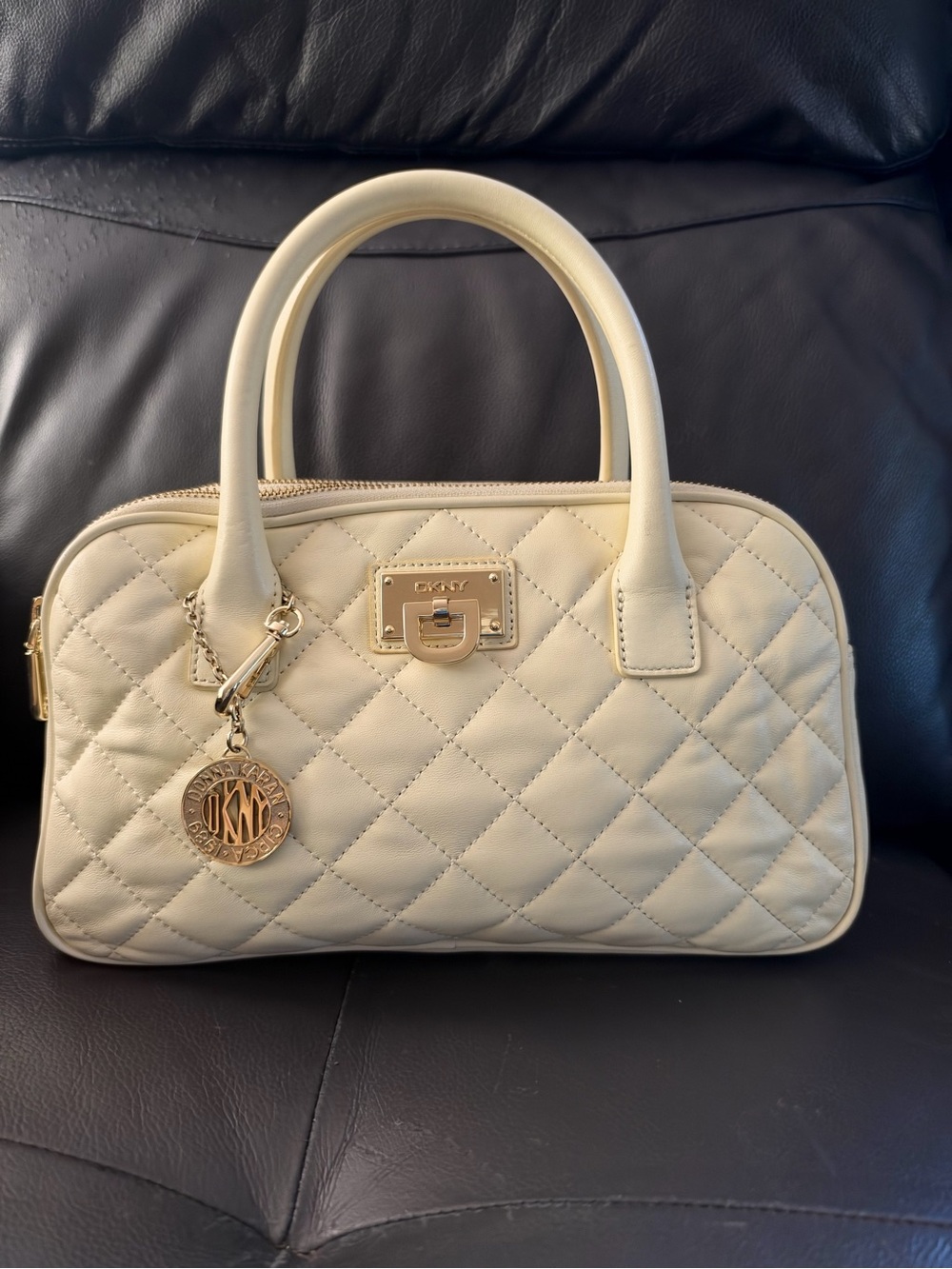 DKNY Cream Quilted Leather Satchel with Gold Hardware